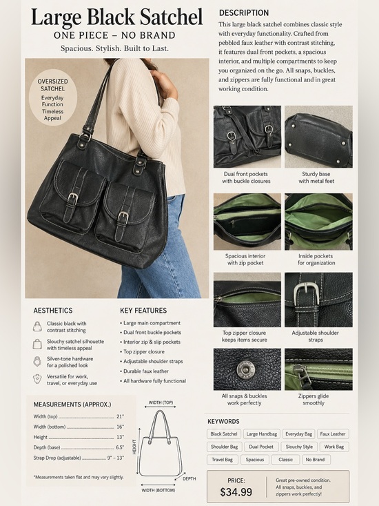 no brand Handbags - No Brand Large Black Satchel – Black Faux Leather